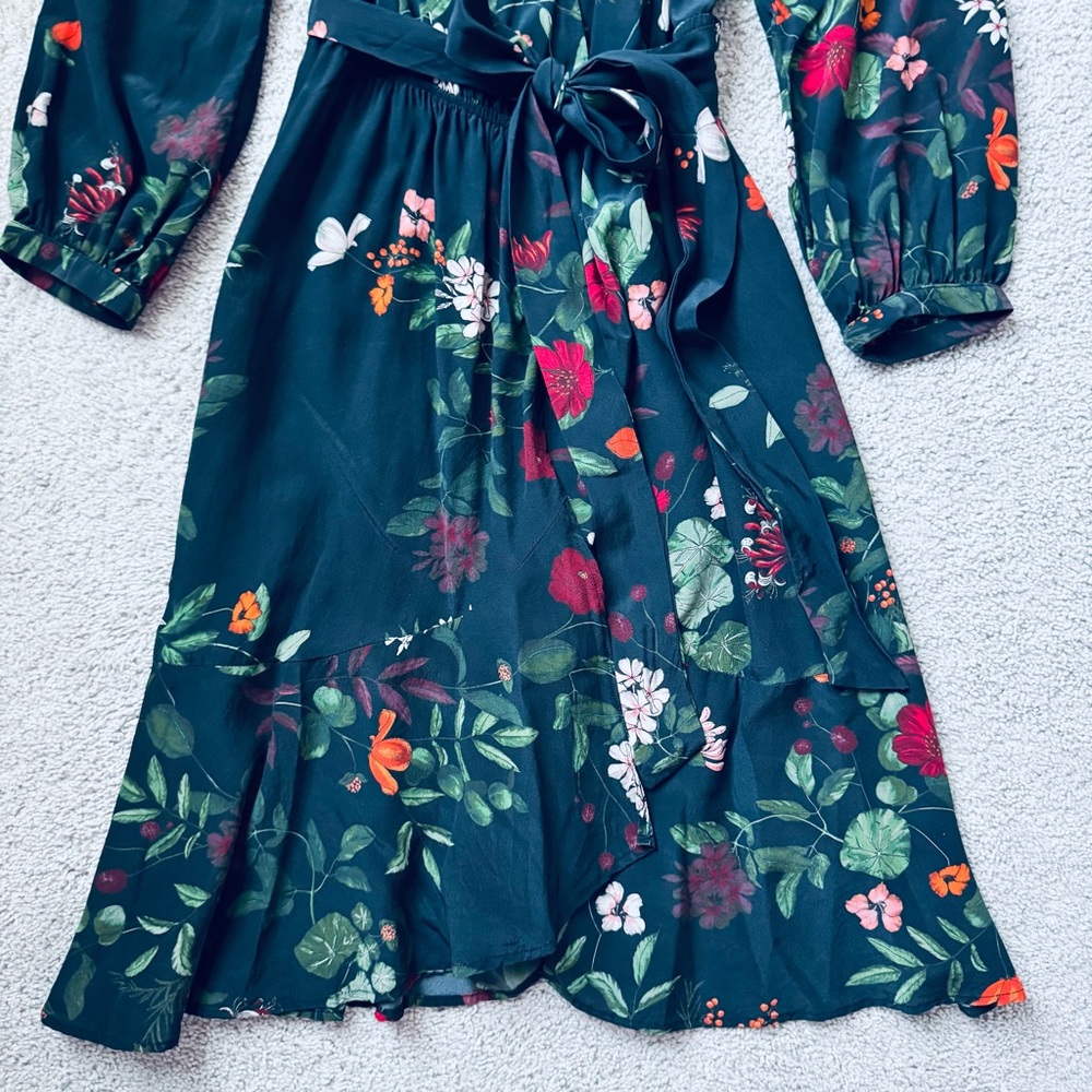 Amour Vert Silk Wrap Midi Dress Black Floral Long Sleeve Size Small - Picture 6 of 10